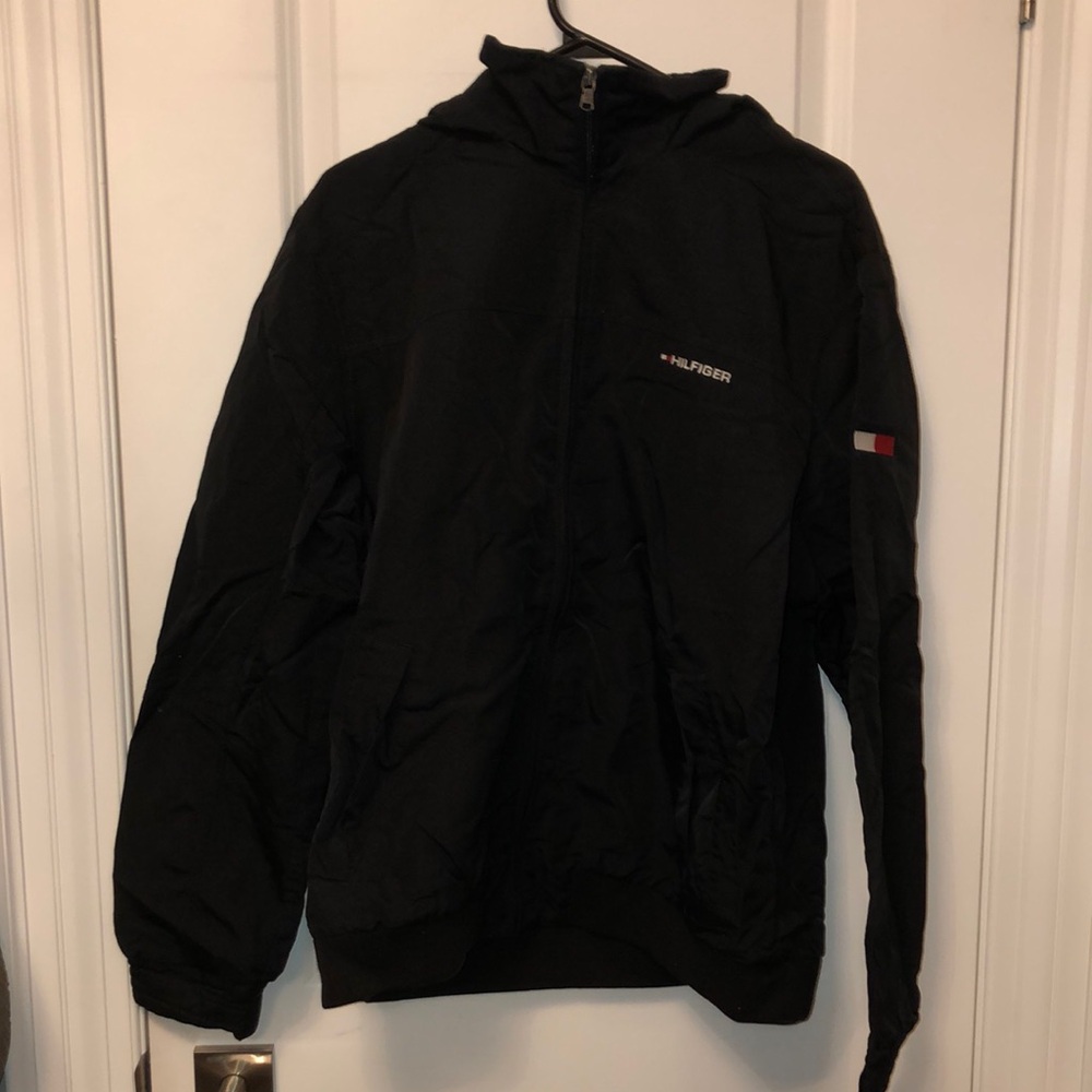 Tommy Hilfiger Men's Black Windbreaker Zip-Up Hooded Jacket - Size Large